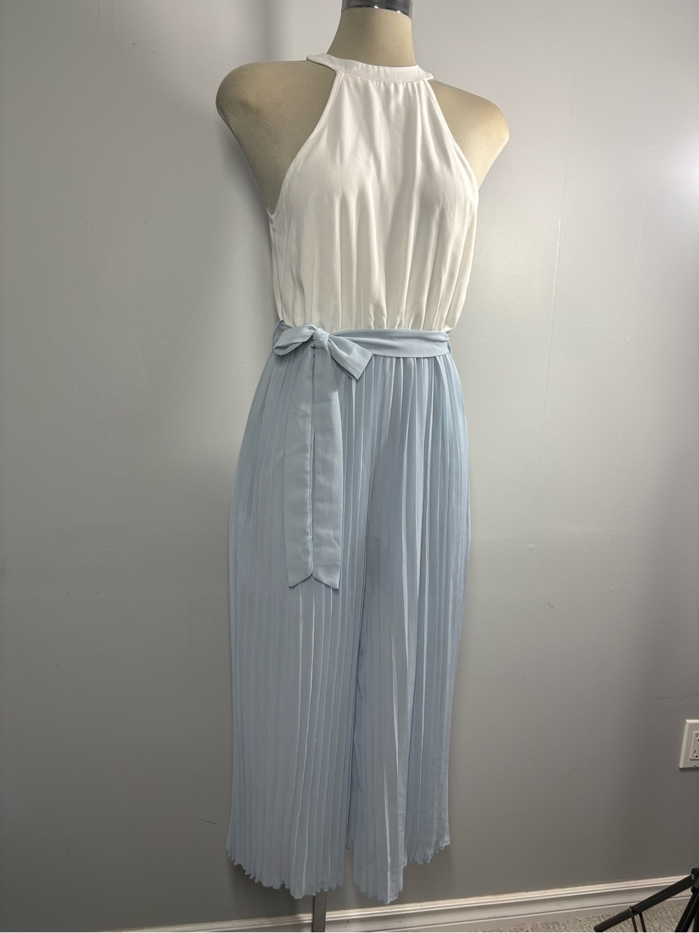 SHEIN White Halter Jumpsuit with Light Blue Pleated Pants